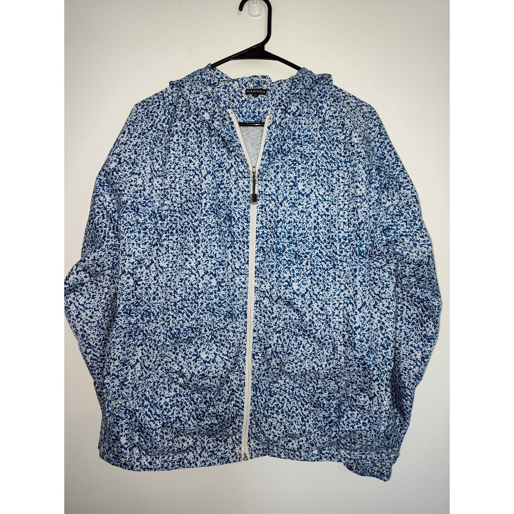 Hannah Blue White‎ Abstract Print Hooded Windbreaker Jacket Mesh Lined Womens L
